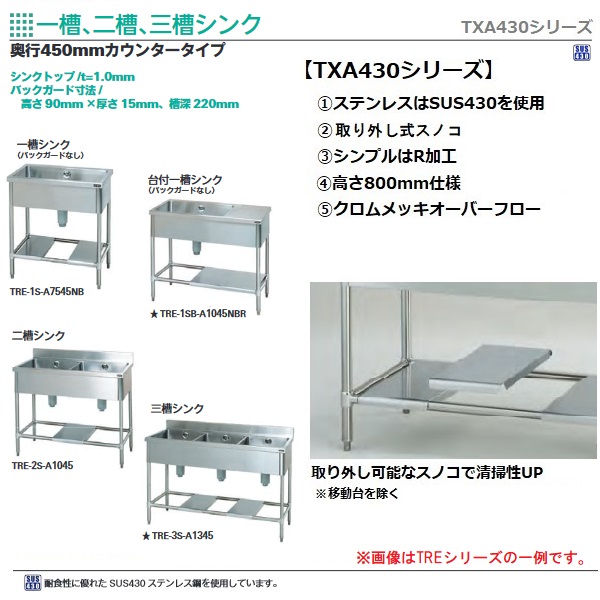 タニコーTXA-1S-4545|一槽シンク バックガードあり|シンク|作業機器・板金類(タニコー) |  業務用厨房機器/調理道具通販サイト「厨房ズfeat.ユー厨房」